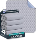 Washable Bed Pads 34" x 36" - 4 Pack, Grey, Waterproof Bed Pads for Incontinence, Bed Wetting Pads for Bed, Sofa, Floor, Resuable Underpads for Adults, Seniors, Pet