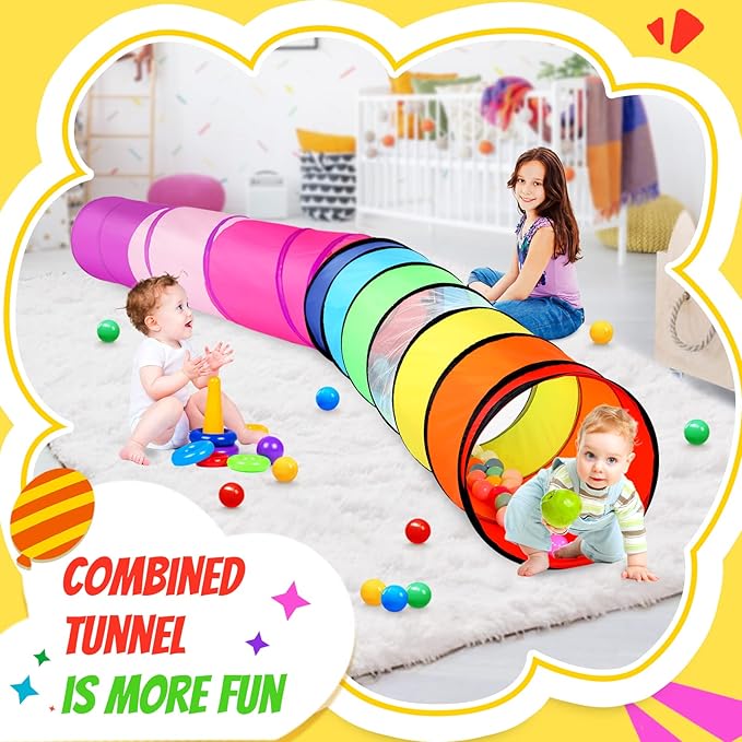 Kids Play Tunnel Tent for Toddler, 2 Pack 6-ft Pop Up Crawl Tunnel Toy for Baby Children or Dog Cat, Collapsible Gift for Boy and Girl Play Tunnel Indoor Outdoor Game (Rainbow Tunnel+Pink Tunnel)