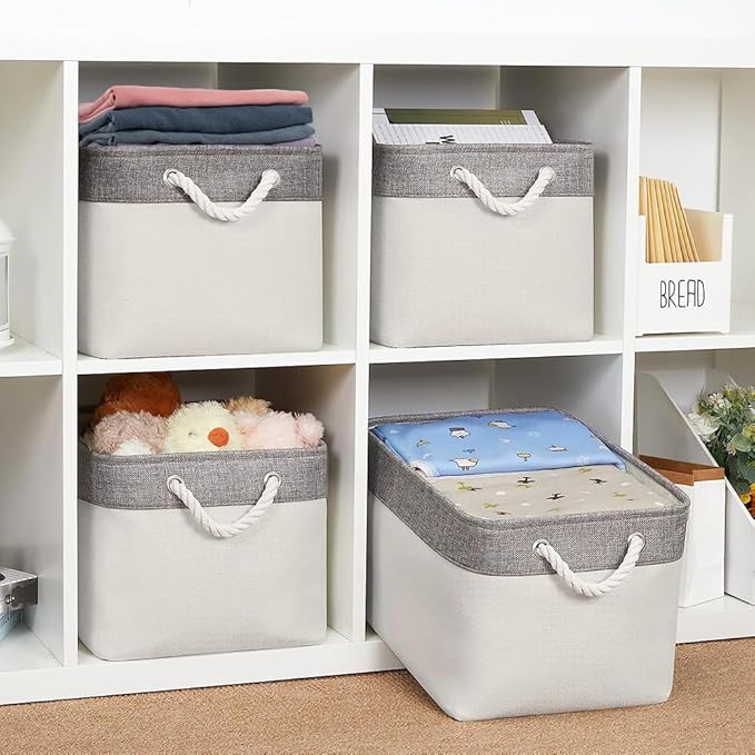 Organization and Storage Bins for Shelves - Large 4 Pack 16x12x8 inch Collapsible Storage Basket for Organizing, Fabric Storage Cubes for Box Closet Cloth Toy Nursery Books Kids (Grey & White)