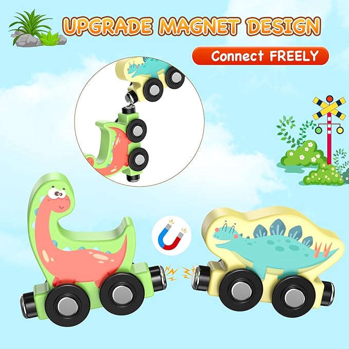 Toys for Toddlers, 11 Magnetic Wooden Dinosaur Train Set, Montessori Toys for Toddlers, Preschool Educational Material for Kids, Birthday Gifts for Boys, Girls