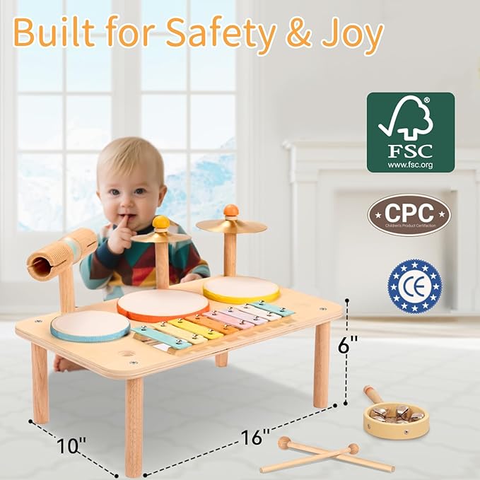 WINGYZ Drum Set for 1 Year Old Toddlers – 10 in 1 Wooden Baby Musical Toys for Kids with Drums, Xylophone, Cymbals, Bell & Tone Block, Montessori Music Instruments Gift for Ages 1-3 2-5