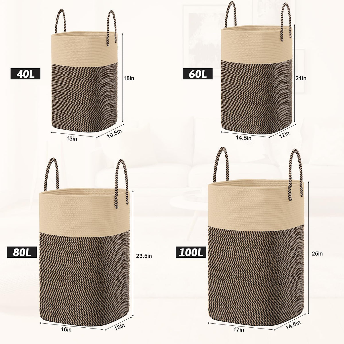 Laundry Basket,Woven Cotton Rope Laundry Hamper,Versatile Storage for Dirty Clothes,Baby Toys,and Blankets in Bathroom, Nursery,and Living Room (Jute, 60L)