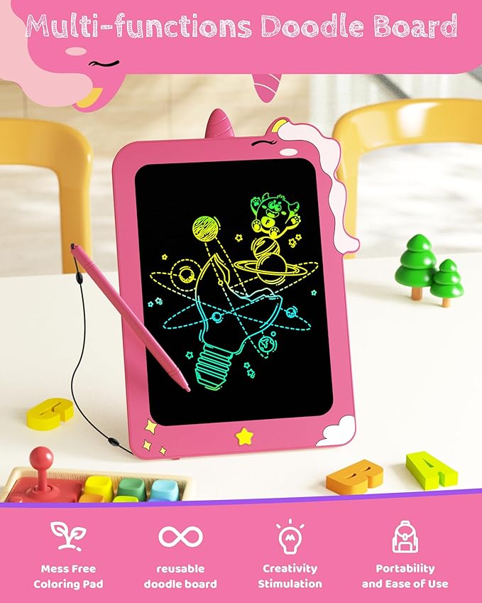 TEKFUN LCD Writing Tablet for Kids, 8.5 Inch Unicorn Doodle Board, Drawing Tablet, Reusable Electronic Pads Educational and Learning Toy Gift for 3-8 Years Old Boy and Girl (Pink)