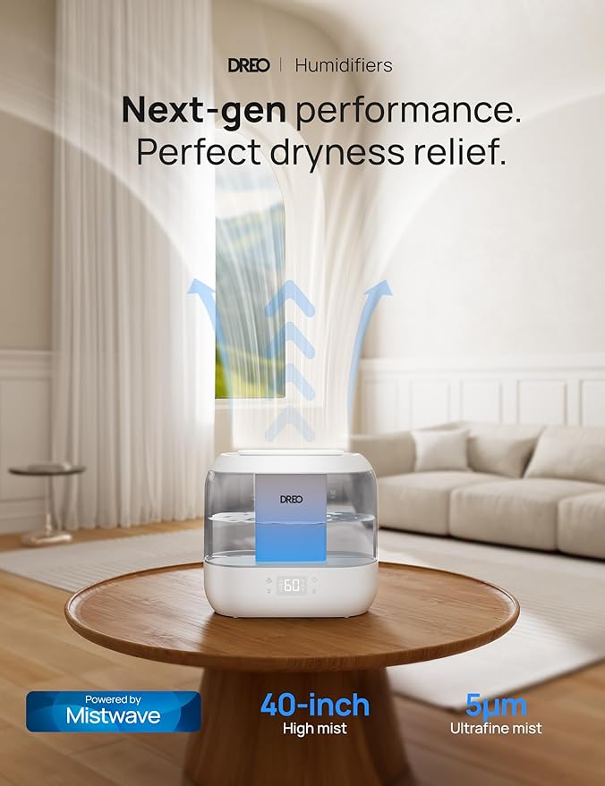 Dreo Smart Humidifiers for Bedroom, Top Fill 4L Cool Mist Humidifier with Nightlight, 36H Runtime, Touch/APP/Voice Control, Quiet Ultrasonic Humidifiers for Large Room, Home, Baby, Plants, Office