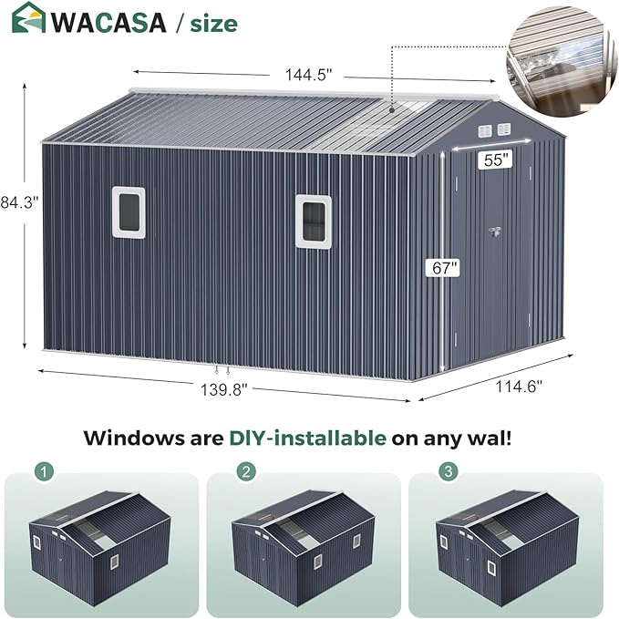 10x12 Metal Shed with Floor Frame Kit & Reinforced Construction - Translucent Roof Panels for Natural Light, Lockable Doors,Vents,Windows, Weatherproof Garden/Backyard/Patio Outdoor Storage