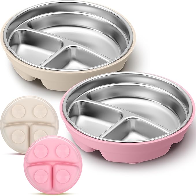Nuogo 2 Pcs Stainless Steel Baby Suction Plates with Removable Silicone Shell 2-in-1 Metal Toddler Bowl Divided for Picky Eaters Kids Feeding Led Weaning Supplies, Dishwasher Safe (Beige,Pink)