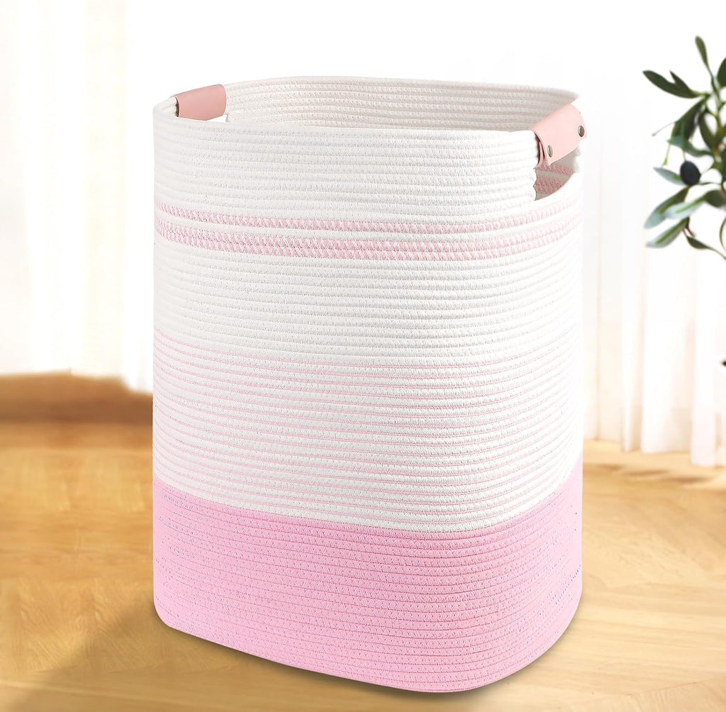 Laundry Basket with Handles - Blanket Basket & Hampers for Bedroom Aesthetic, Laundry Hamper & Blanket Storage for Living Room, Clothes Hamper, Tall, Large 17" x 14" x 22”, Pink & White