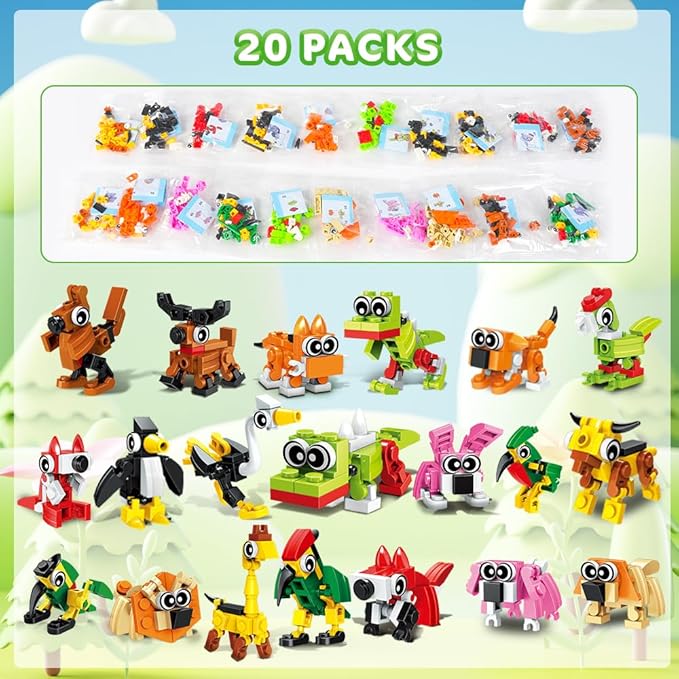HOGOKIDS 60 Kinds Party Favors for Kids, 20 Pack 3-in-1 Animals Building Block Toy Sets for Goodie Bags Stocking Stuffer Classroom Prizes Birthday Christmas Easter Gifts for Boys Girls Ages 6-12+