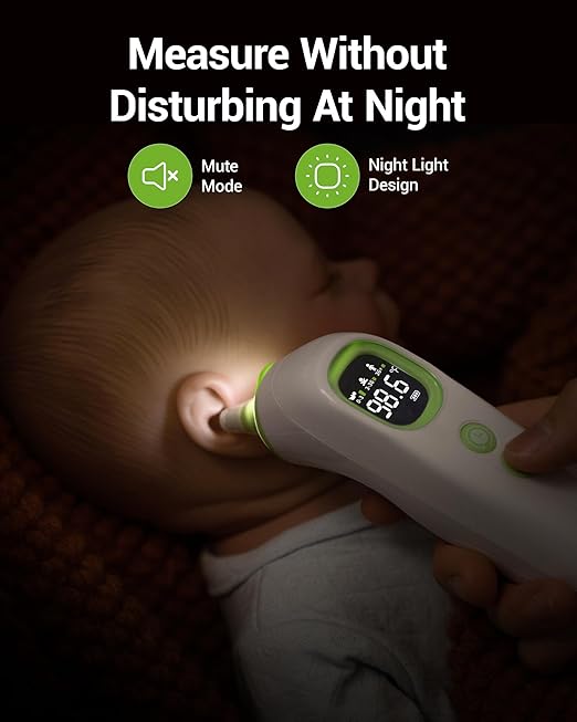 Ear Thermometer with Heated Probe, High Accuracy Thermometer for Kids, Adults and Babies with 32 Memory Recall, Mute and Night Light, Includes 21 Disposable Probe Covers, Storage Box,