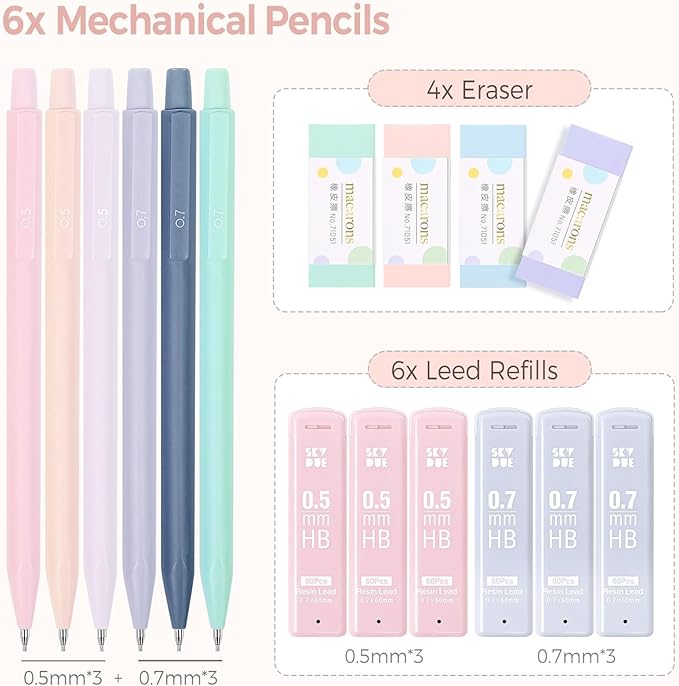 SKYDUE Cute Mechanical Pencils Set with Case, 6PCS 0.5mm & 0.7mm Mechanical Pencils, 360PCS HB Lead Refills, 4PCS Pastel Erasers, Pastel Back to School Supplies for Girls