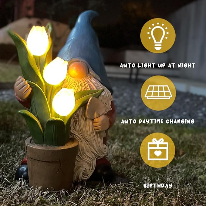COWOS Garden Gnome Statue, Sculpture of a Dwarf Holding a Shovel and a Flower Pot, Solar Gnome Statues Outdoor Decor, Outside Lawn Patio Yard Ornament Gifts