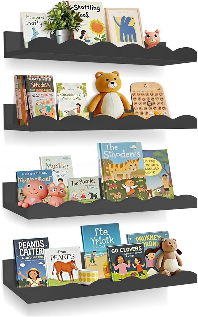 Nursery Book Shelves, 4 Pack Black Floating Shelves for Wall, Wood Scalloped Shelves for Storage Books, Wall Book Shelf for Kids Rooms, Bedroom, Toddler Room, Baby Room, Nursery Decor