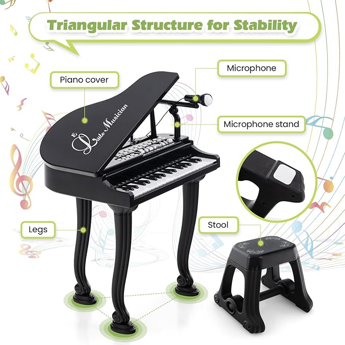 HONEY JOY Classical Kids Mini Grand Piano w/ Music Stand & Stool, Portable Electronic Piano Educational Musical Instrument Toy w/ Microphone, Lights, Gift for Kids (Black, 37 Keys)