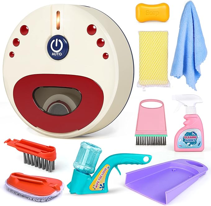 Kids Cleaning Set for Toddlers, 10 Pcs Pretend Play Educational Set Includes Kids Vacuum That Really Works with Lights & Low Noise, Broom, Spray Bottle and More
