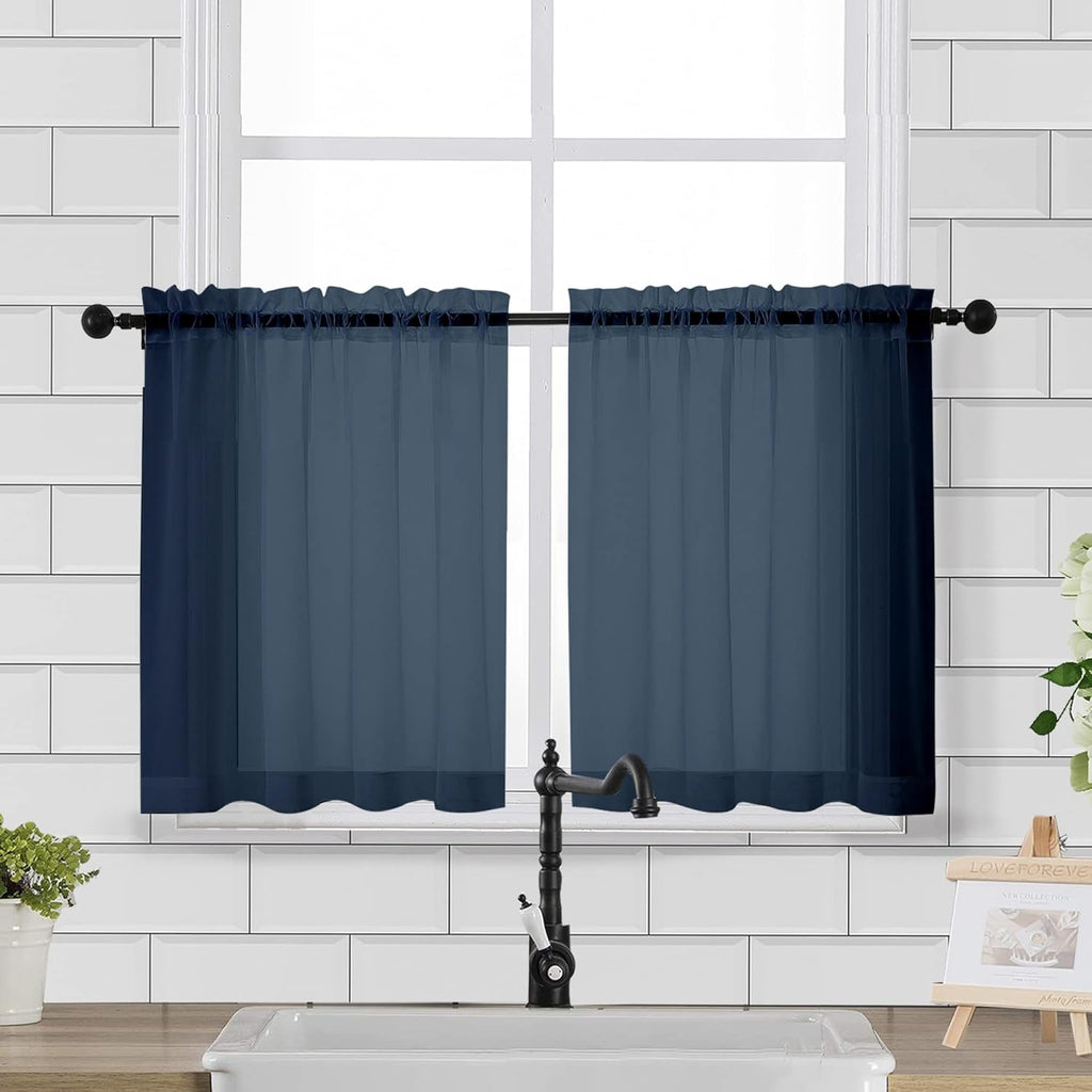Chyhomenyc Sheer Curtains Tiers 42W x 24L Inches 2 Pieces, Light Filtering Small Curtains, Short Bathroom Living Room Cafe Basement Voile Window Curtain, Rod Pocket, Navy Blue