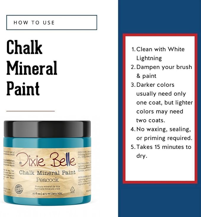 Dixie Belle Paint Company Chalk Finish Furniture Paint - Peacock (16oz) - Matte True Teal Chic Chalk Mineral DIY Furniture Paint
