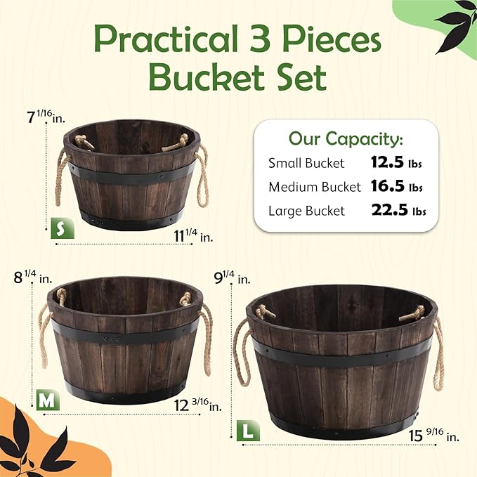 IDZO Set of 3 Wooden Flower Boxes Outdoor, Durable Acacia Wood Barrel Planters for Outdoor Plants with Ergonomic Handles, Drainage Holes, Multiple Sizes Wood Bucket Planter for Home Décor