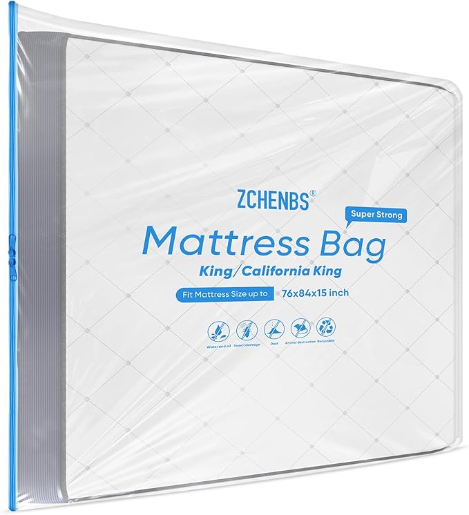 ZCHENBS® – Mattress Bags for Moving and Storage,Mattress Bag with Zippers,5 Mil Ultra-Thick Bed Bag,Waterproof,Anti-Tear,Heavy-Duty Mattress Bag (Transaparent/Blue, King/California King-(1 Pack)