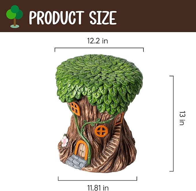 13''H Fairy House Statue Outdoor Statues Garden Resin Stool Over-Sized Sculpture Forest Pedestal Spring Decor for Home Courtyard Lawn Patio Summer Ornament Indoor Stool