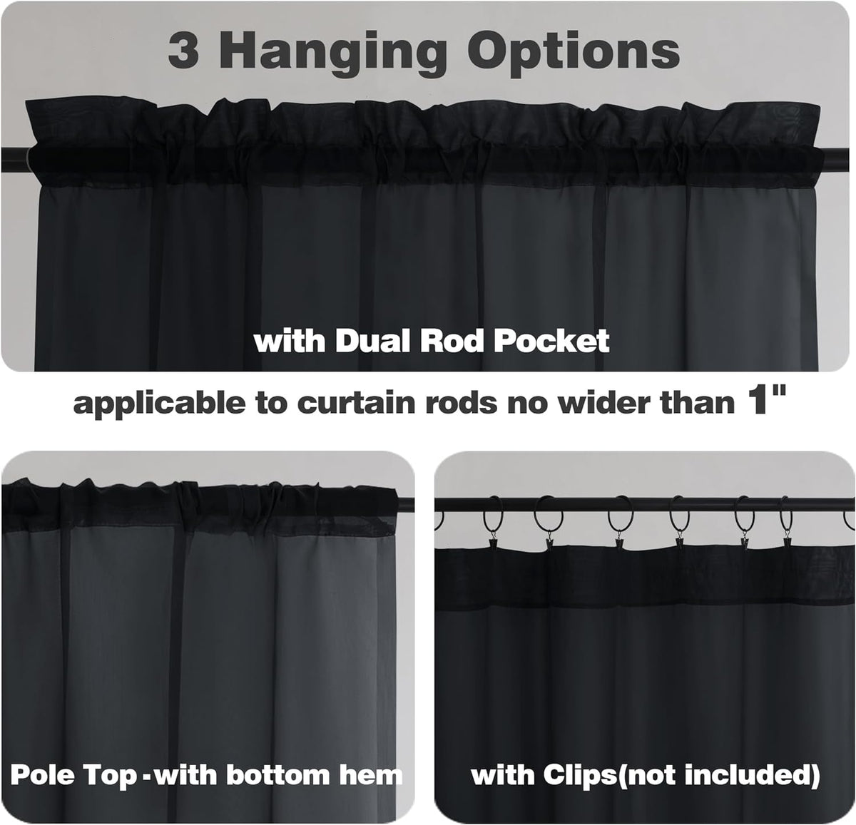 Chyhomenyc Black Sheer Curtains 78 Inches Long 2 Panels Set for Living Room, Light Filtering Voile Lightweight Bedroom Curtains, Rod Pocket Solid Window Treatment Drapes, Each 42W x 78L