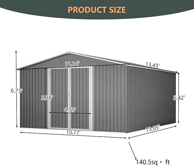 11x13FT Outdoor Storage Sheds with Floor Frame& Lockable Doors Garden Metal Shed Waterproof Galvanized Steel Tool Shed with Air Vents Sloping Roof Ideal for Backyard Patio Lawn Gray