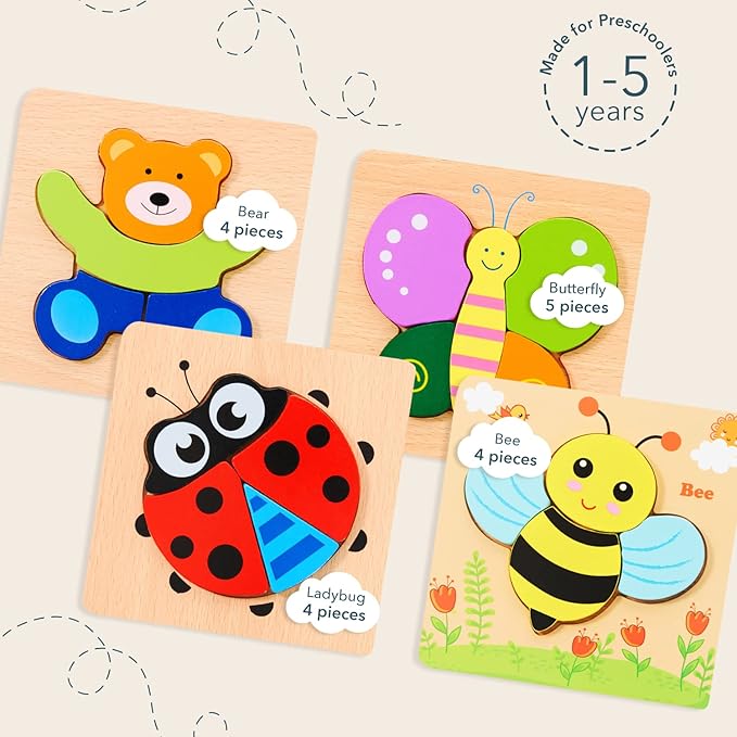 MAGIFIRE Toddler Wooden Puzzle Set - 4-Pack 5.7 x 5.7 Inch Multicolor Wood - Chunky Pieces for Small Hands & Portable Storage Bag - Toddler Puzzles Ages 3-5