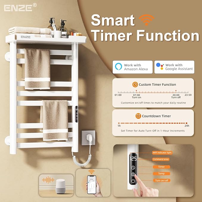 ENZE Heated Towel Rack with Shelf and Wi-Fi App Control, 8 Bars Electric Wall Mounted Towel Warmer with Timer & Adjustable Temperature, Low Carbon Steel, Plug-in/Hardwired, White