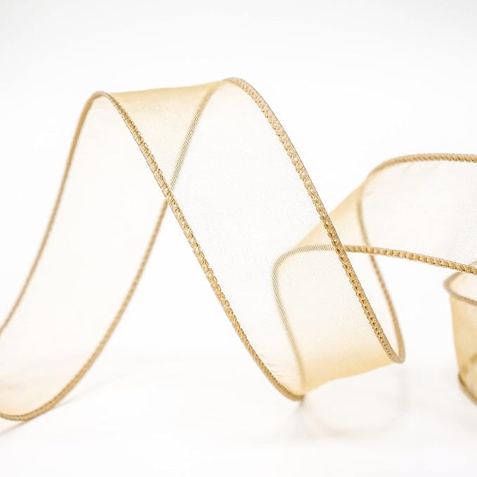 CT CRAFT LLC Sheer Organza Wired Ribbon 1.5" x 50Yards Tan (Gold) for Wedding Chair Bow Flora Bouquet Gift Wrapping Christmas Tree Home Decor Wreath