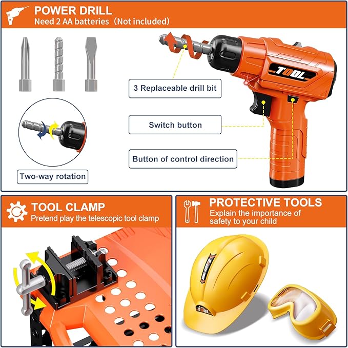 Kids Tool Bench -Toy Workbench with Electric Drill Toy Tool Accessories and Construction Vest 91pcs Toddler Tool Bench,Pretend Play Learning Toy Tool Bench for Kids Ages 3-5,4-8