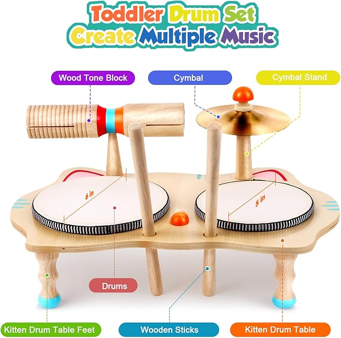 WINGYZ Kids Drum Set – 6-in-1 Wooden Musical Instruments for Toddlers 1–3, Montessori Baby Music Set with Drums, Cymbal & Tone Block, FSC-Certified Cat Design Table for Home & Classroom Learning Gift