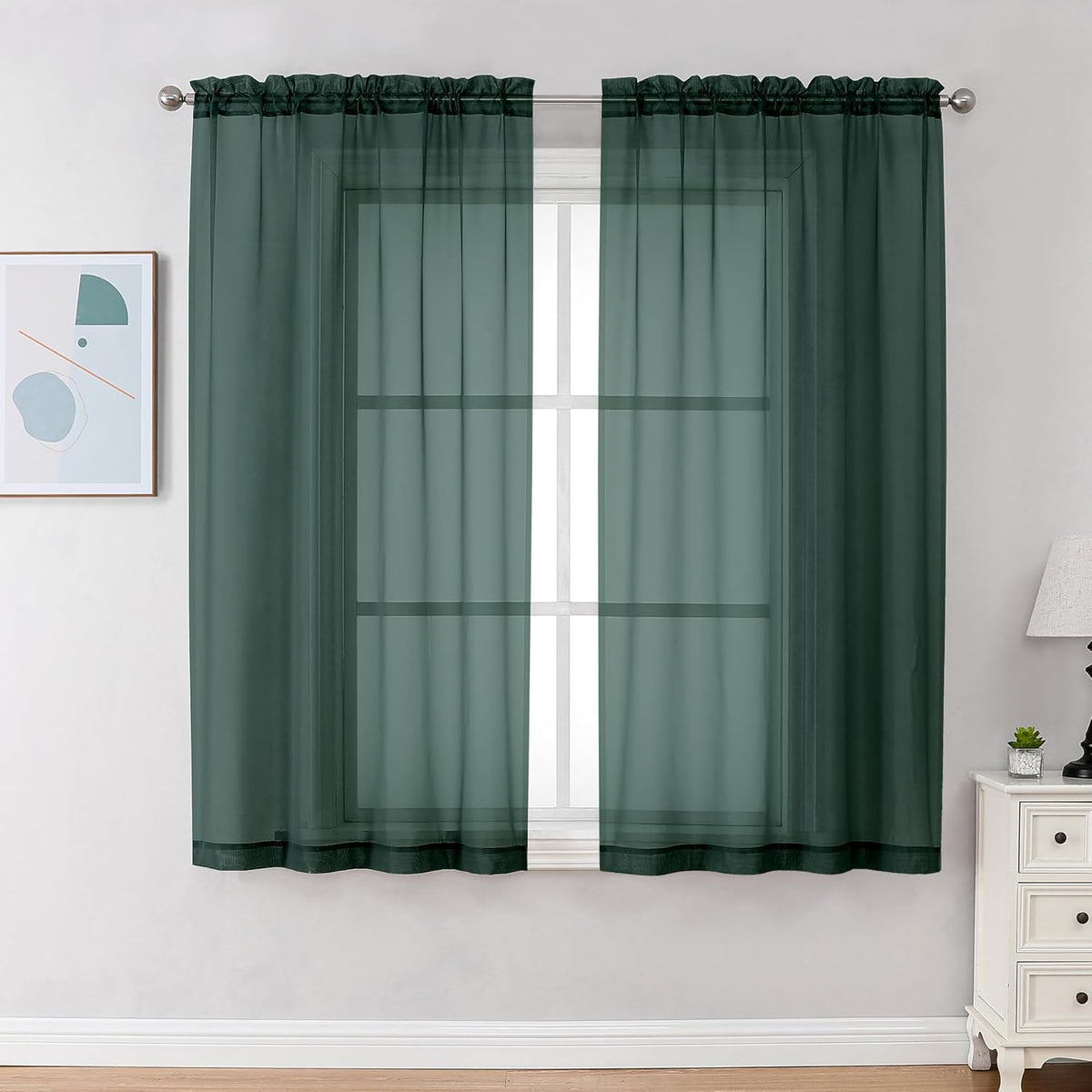 Chyhomenyc Hunter Green Sheer Curtains 54 Inch Long 2 Panels Set, Short Voile Rod Pocket Drapes for Dinning Small Windows Bathroom Living Room Bedroom, Each 42Wx54L in, 2PCS