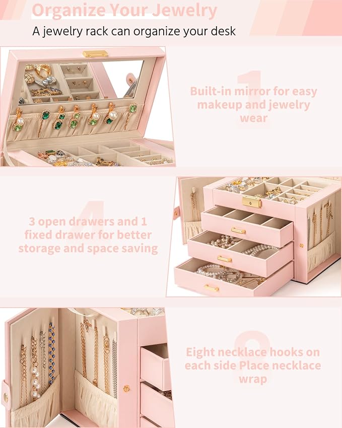 AKOZLIN Large 4-Tier Jewelry Box Leather Jewelry Storage Organizer with 3 Drawers Lockable for Women Girls Ring Necklace Earring Bracelet Watches Holder with Mirror Pink