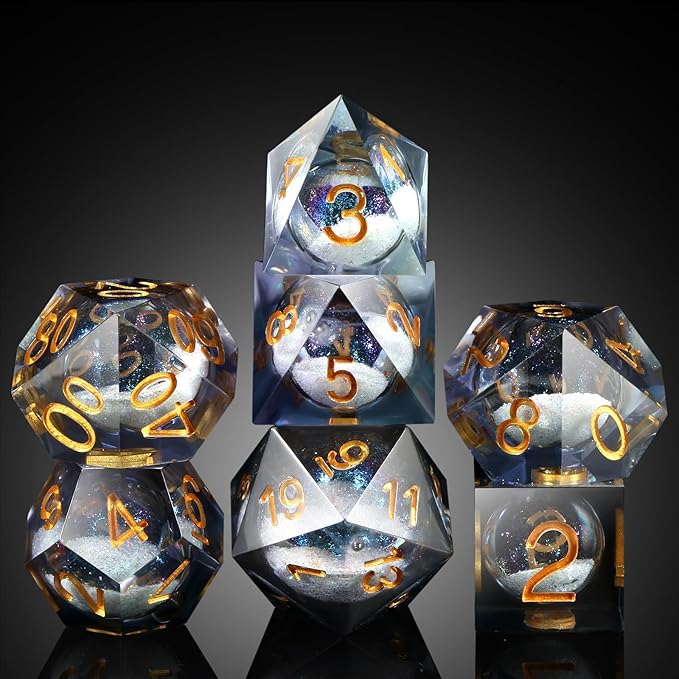 DNDND Liquid Sharp Edge DND Dice, A Full Set of Liquid D&D Die with Gift Case for Dungeons and Dragon Game (Grey Liquid)