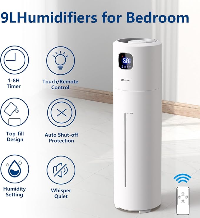 Large Humidifiers for Bedroom, 9L/2.5Gal Ultrasonic Cool Mist, Easy Clean with 350ML/H Large Mist Speed, Quiet Tower, Suitable for Kids Room Plant Yoga (White)