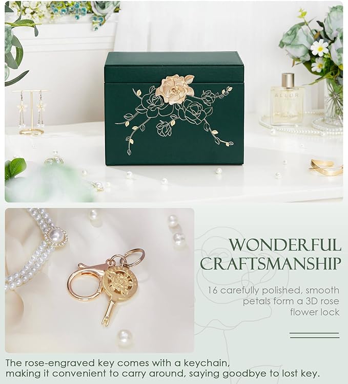 Jewelry Box with Lock for Girls: Jewelry Organizer for Dresser - 3-Drawer Earrings Storage Girls Women Gift (Dark Green)