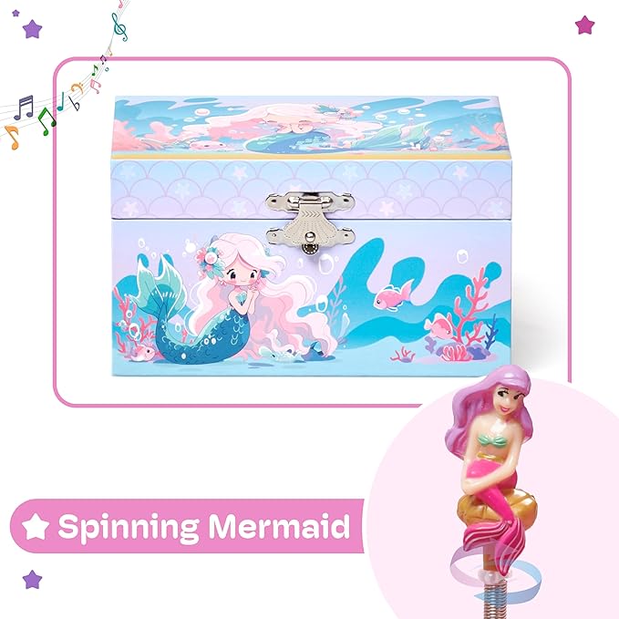 Jewelkeeper Girls Musical Jewelry Box - Durable Pine Fiberboard with Soft Pink Lining - Kids Jewelry Box - The Beautiful Dreamer Tune - Gifts for Girls - Mermaid Jewellery Box - 6x4x3.5in