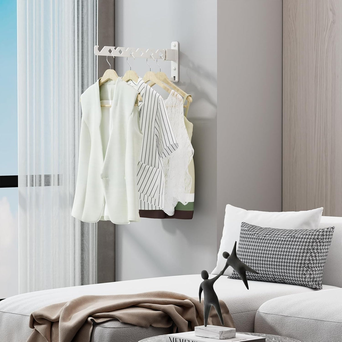 Wall Mounted Clothes Drying Rack, Wall Clothes Hanger Foldable, Laundry Hanger Hook for Bathroom, Wall Clothes Rack Indoor, Perfect for Small Spaces, White