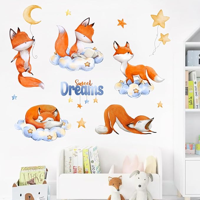 Yovkky Sweet Dream Sleeping Fox Wall Decals Stickers, Cloud Moon Stars Neutral Toddler Baby Nursery Decor, Cute Home Decorations Kids Bedroom Playroom Art