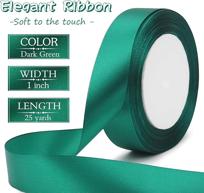 Dark green Solid Satin Ribbon 1 Inch 25 Yards Solid Polyester Fabric Ribbon for Gift Wrapping Wedding Christmas Baby Shower Birthday Party Decoration Handmade Immortal Flower Craft
