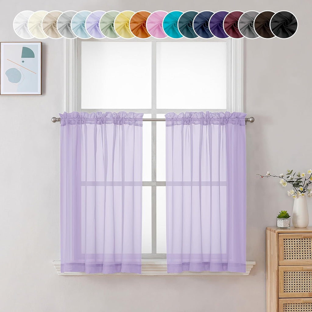 Chyhomenyc Lilac Sheer Curtains 36 inch Length 2 Panels, Light Filtering Voile Rod Pocket Short Window Curtians for Bathroom Living Room Farmhouse Small Windows, 42Wx36L inches