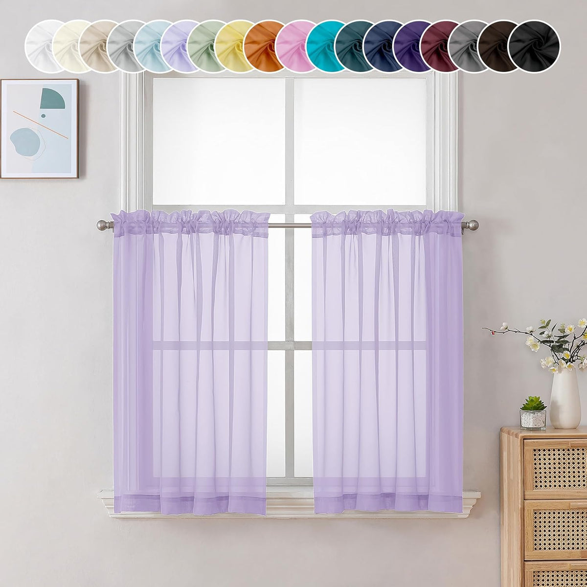 Chyhomenyc Lilac Sheer Curtains 36 inch Length 2 Panels, Light Filtering Voile Rod Pocket Short Window Curtians for Bathroom Living Room Farmhouse Small Windows, 42Wx36L inches
