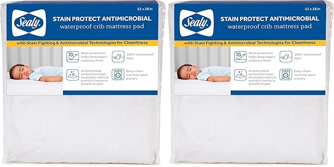 Sealy Baby Stain Protect Antimicrobial Fitted Waterproof Infant Crib Mattress Protector Pad and Toddler Bed Cover, Durable and Comfortable Topper, Machine Washable & Dryer Friendly, 52” x 28”- White