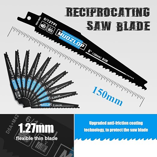 10 Pack 6inch Reciprocating Saw Blades Set,6/12TPI High Carbon Saw Blades,Woodcutting Saw Blades with Organizer Case (10, 6/12TPI/150mm)