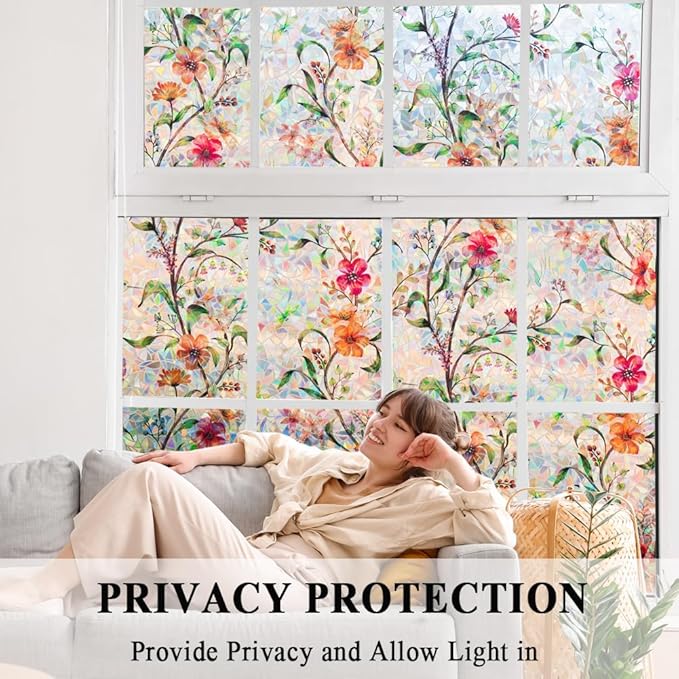 Stained Glass Window Film Static Cling Door Privacy Film Decorative Flowers Green Leaves Window Decals Stickers Heat Control Anti UV for Home and Office,17.5 inches by 157 inches