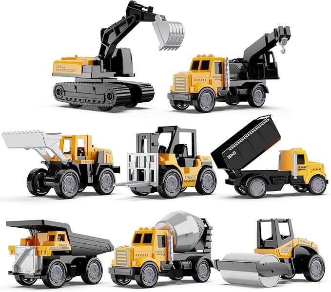 HONGTUO Alloy Mini Construction Vehicles, 8Pcs Die-cast Construction Toys Set, Excavators Mixer Truck Bulldozers Forklift Dump Truck, Pull Back Car Toys for Toddlers Kids Boys & Girls