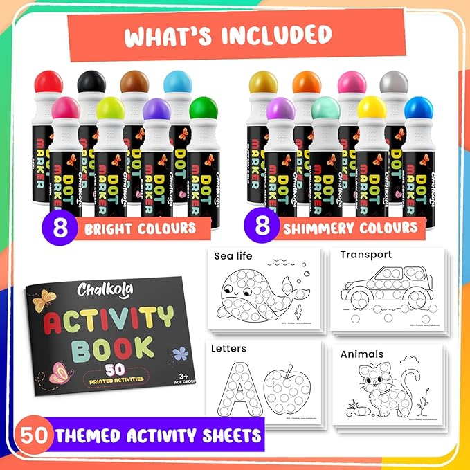 Chalkola 16 Washable Dot Markers for Toddlers | w/ 50 Page Coloring Activity Book Kit, Bingo Daubers | Preschool Paint Dot Art Set - Toddler Painting Craft and Art Supplies for Kids Ages 1, 2, 3, 4 5
