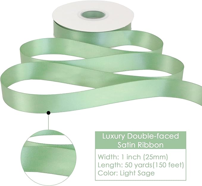 HUIHUANG Sage Satin Ribbon - 1 inch Light Sage Green Double Face Silk Satin Ribbon for Wedding Decor, Crafts, Gift Wrapping, Bows, Bridal, Floral, Bouquet, Invitation Card, Baby Shower, Party