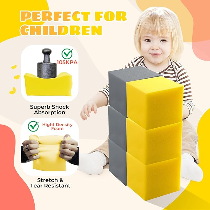Foam Pit Cubes, 24 PCS 5 Inches Gymnastics Foam Blocks Trampoline Blocks, Multi-Sport Protective Padding for Gymnastics, Trampoline, Parkour, Skate Parks & BMX - Dark Grey & Yellow