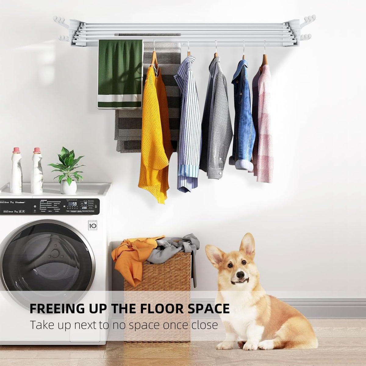 Laundry Drying Rack, Collapsible Wall Mounted Clothes Drying Rack - Foldable,Space Saving, 13.2 Linear Ft, 5 Aluminum Rods, 60 lb Capacity (White, 31.5" Wide)