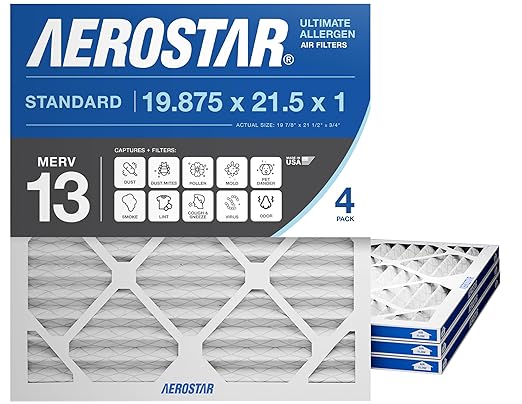 Aerostar 19 7/8x21 1/2x1 MERV 13 Pleated Air Filter, AC Furnace Air Filter, 4 Pack (Actual Size: 19 7/8" x 21 1/2" x 3/4")